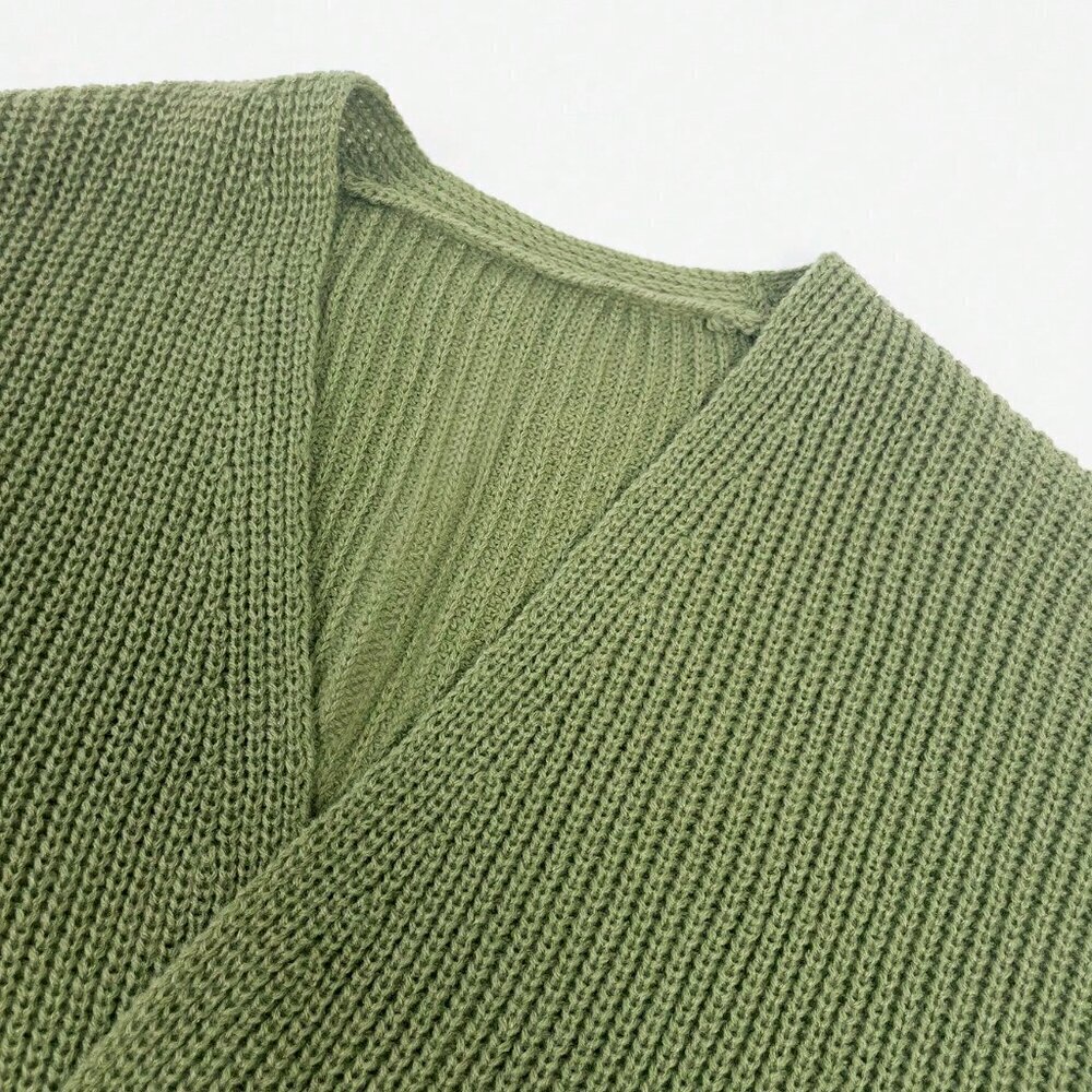 Army Green Casual Women's Solid Drop Shoulder Open Front Cardigan - Picture 3 of 8